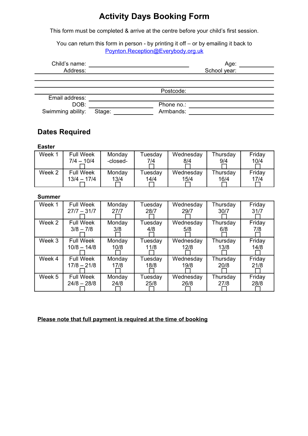Activity Days Booking Form
