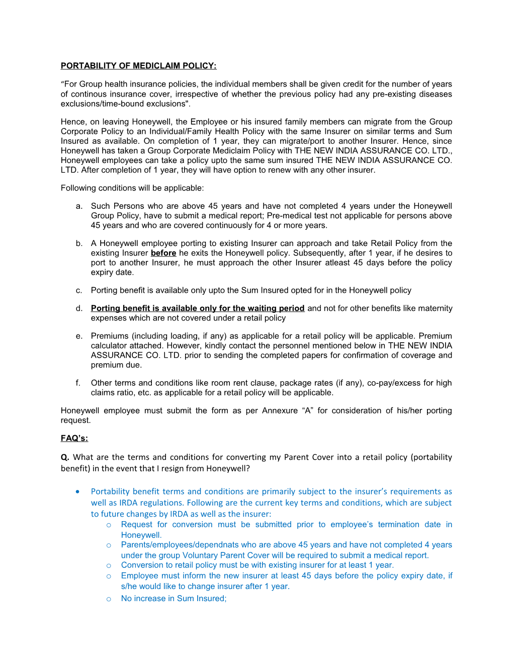 Portability Of Mediclaim Policy: