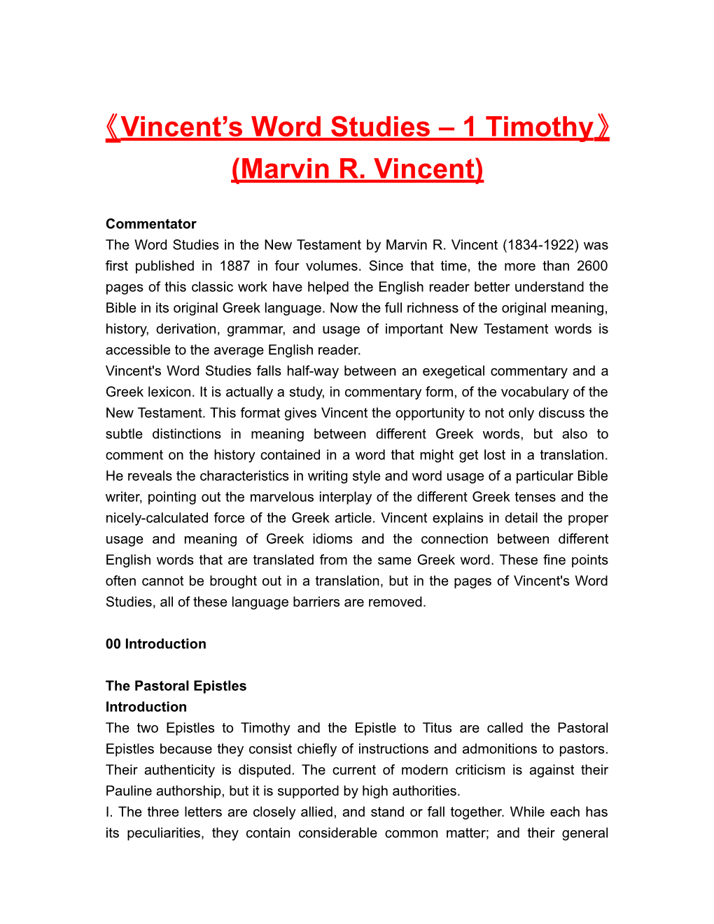 Vincent S Word Studies 1 Timothy (Marvin R. Vincent)