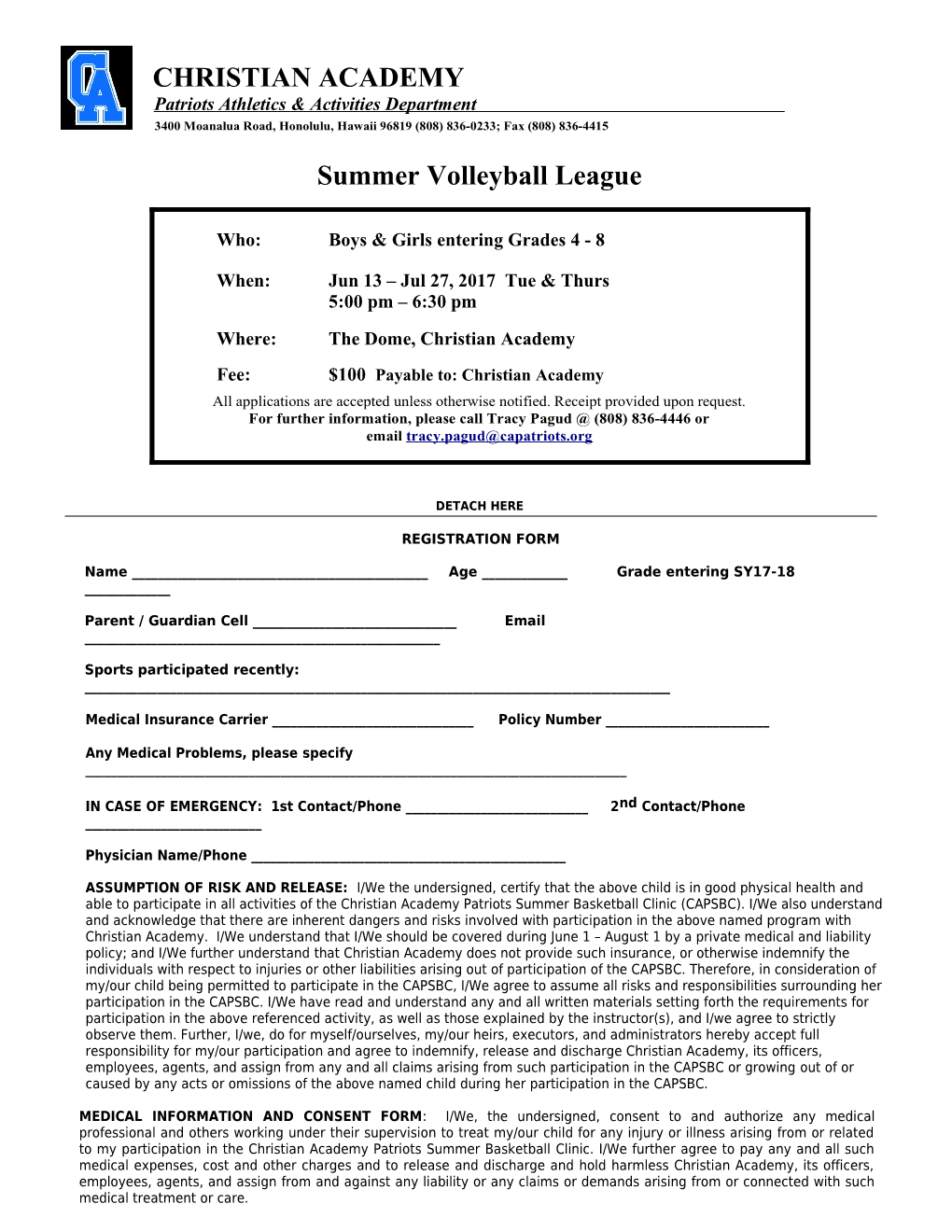 Elementary Basketball Summer Registration Form