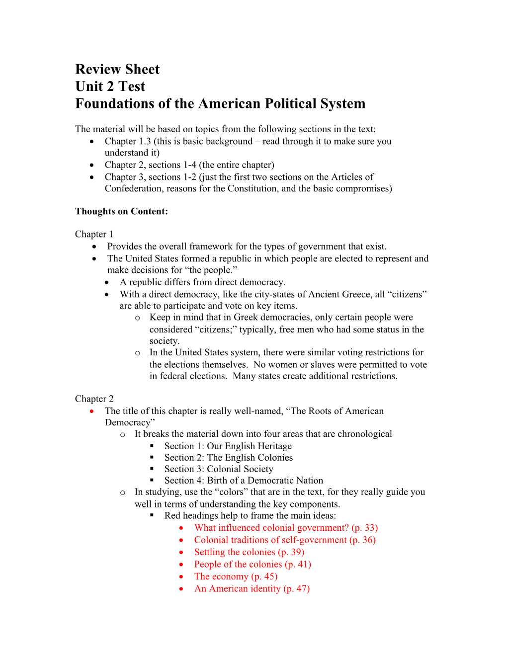 Review Sheet for Unit 2 Test, Foundations of the American Political System