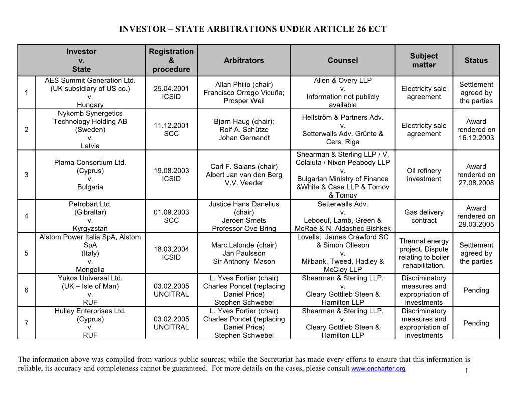 Investor State Arbitrations Under Article 26 Ect