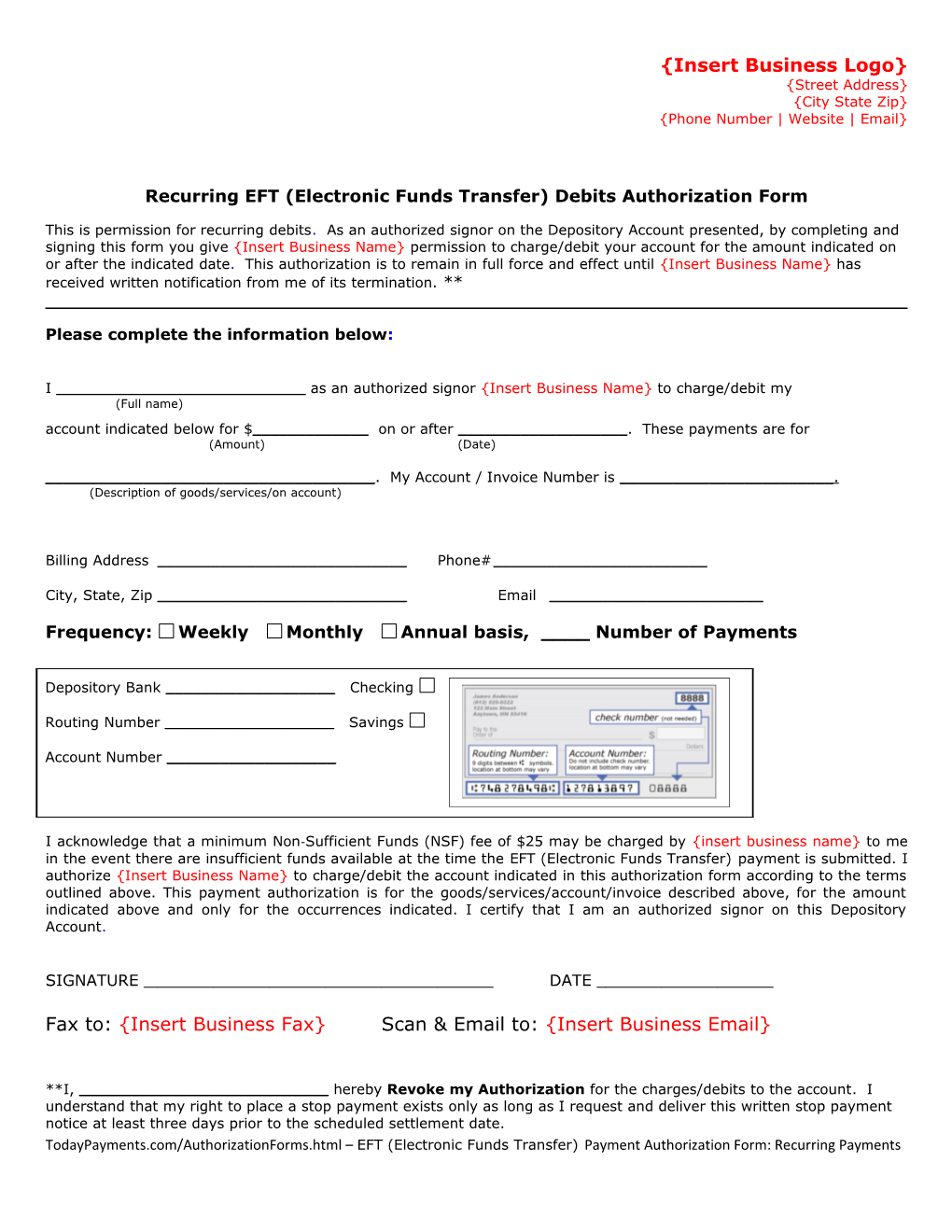 Recurring EFT (Electronic Funds Transfer) Debit Authorization Form