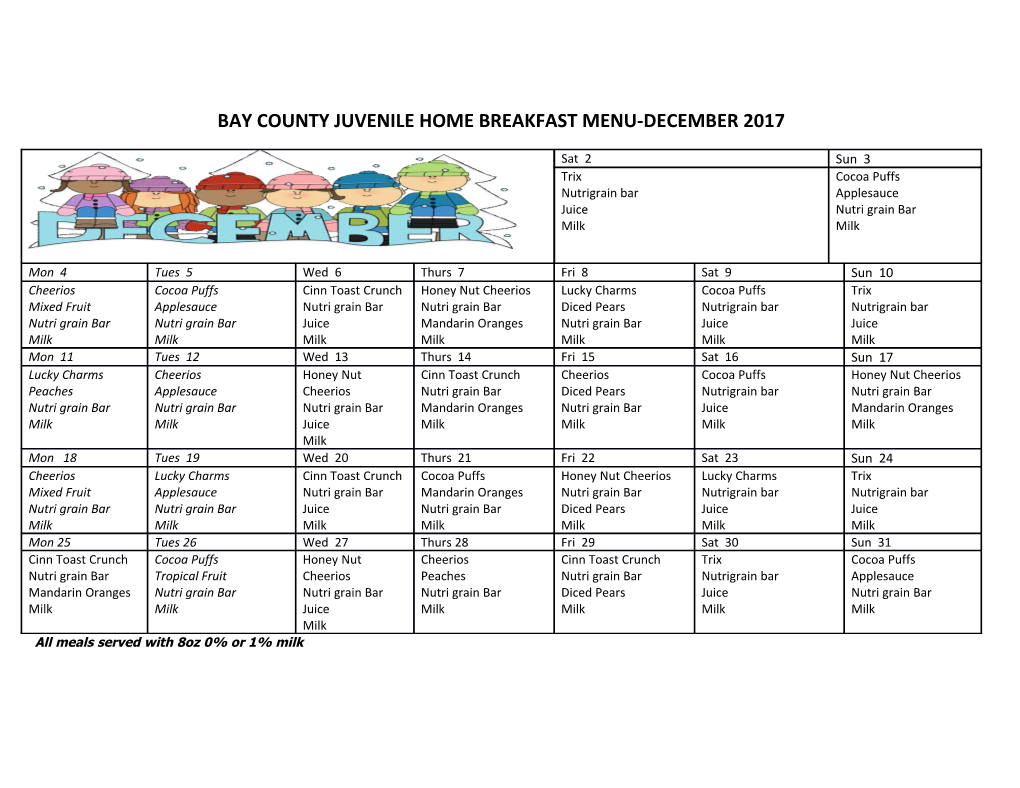 Bay County Juvenile Home Breakfast Menu-December 2017