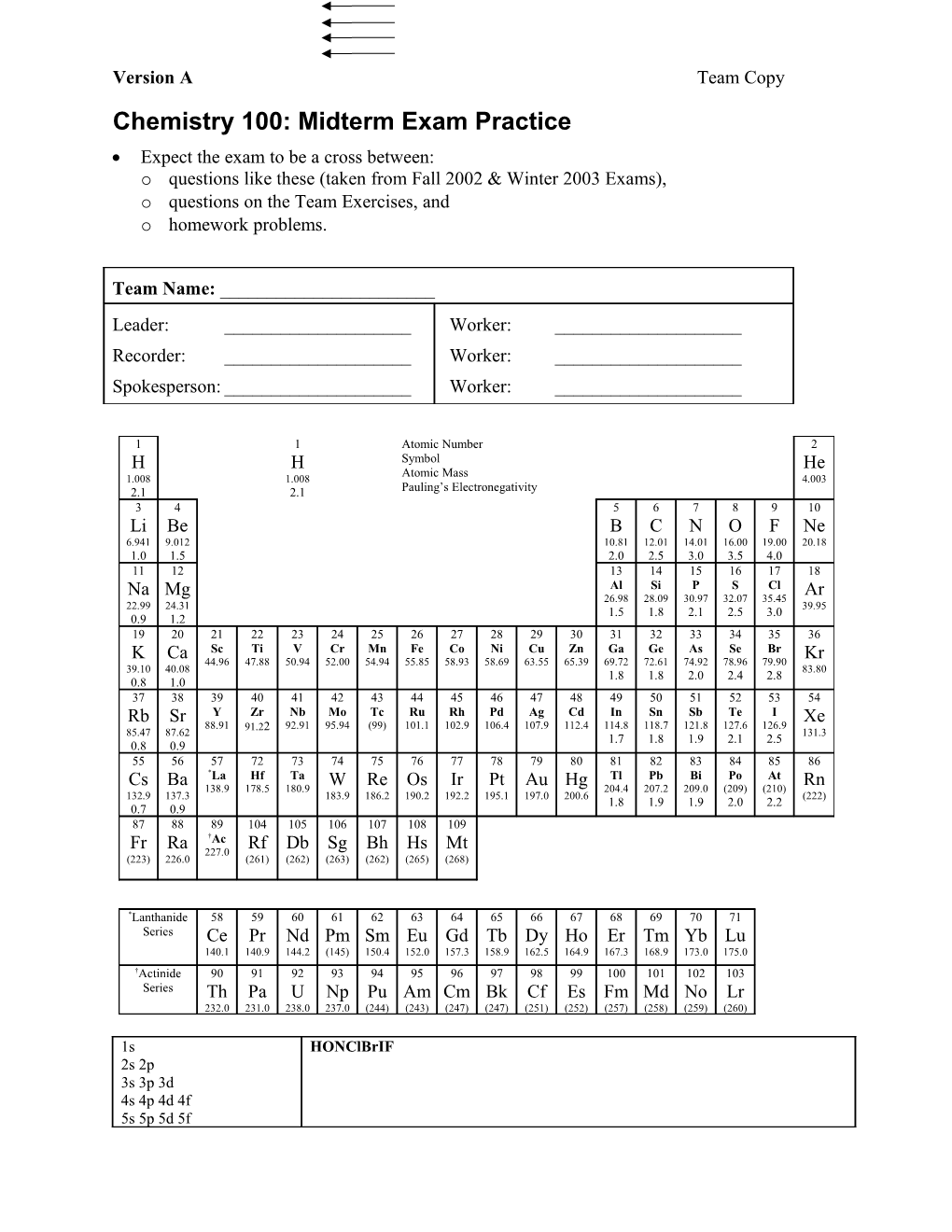 Chemistry 100: Group Exercise For Matter & Energy