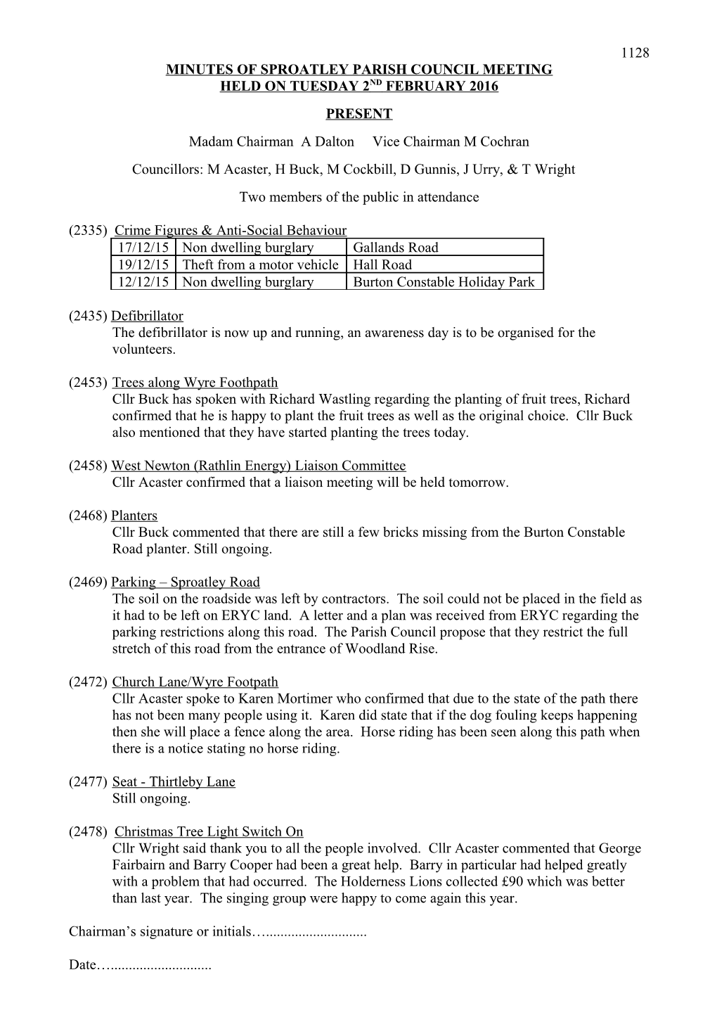 Minutes of Sproatley Parish Council Meeting