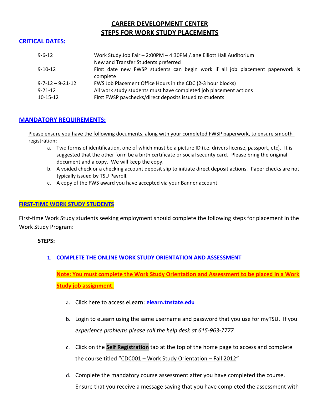 Steps for Work Study Placements