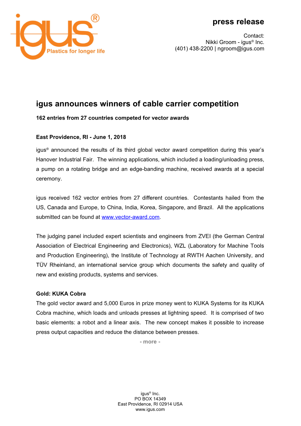 Igus Announces Winners of Cable Carrier Competition