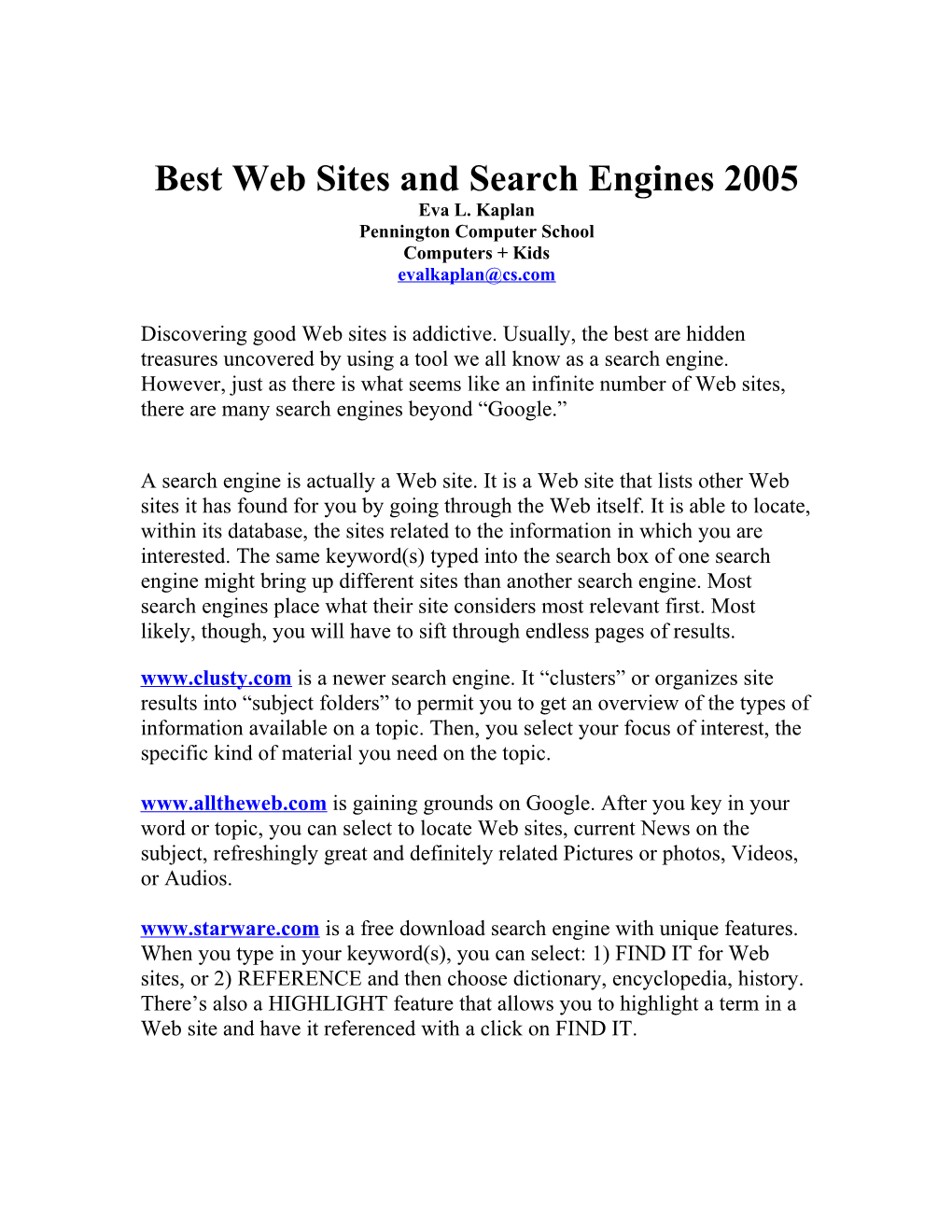 Best Web Sites and Search Engines 2005