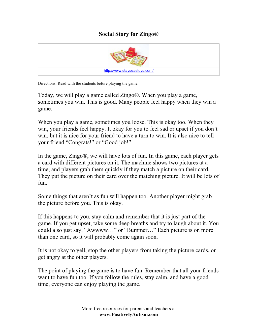 Social Story for Peanut Butter and Jelly Game