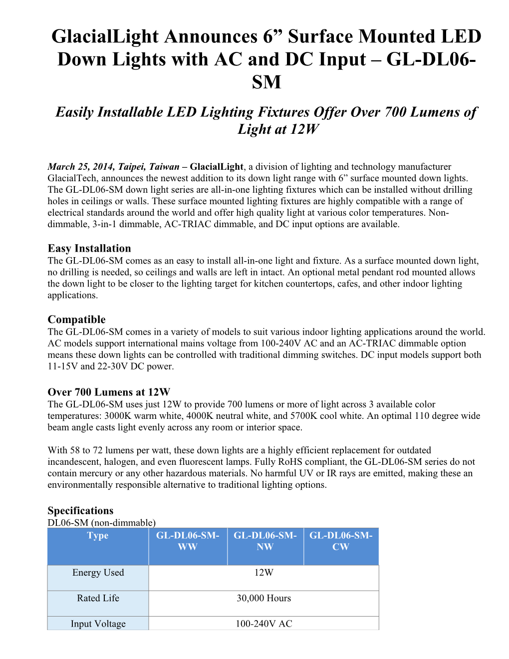 Glaciallight Announces 6 Surface Mounted LED Down Lights with AC and DC Input GL-DL06-SM