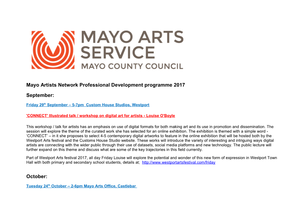 Mayo Artists Network Professional Development Programme 2017