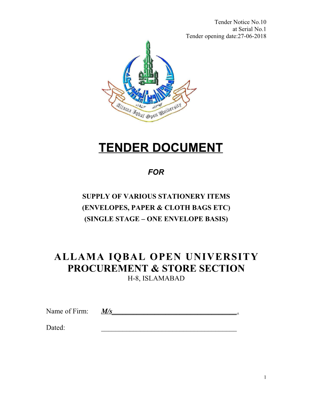 Tender Opening Date : 08-02-2007