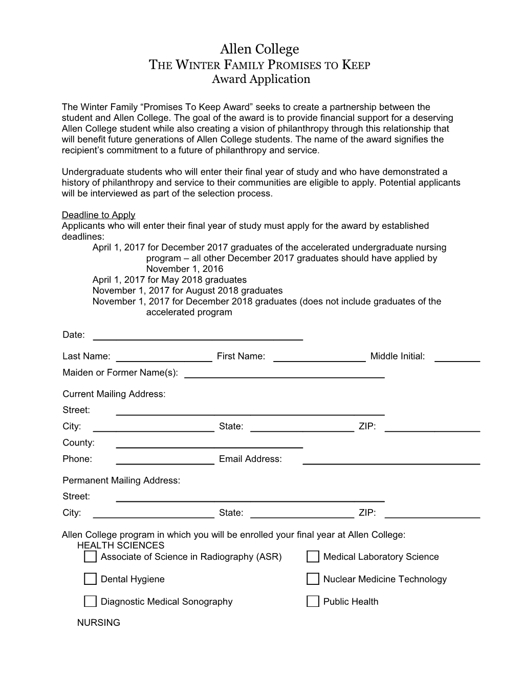 Allen College Institutional Scholarship Application