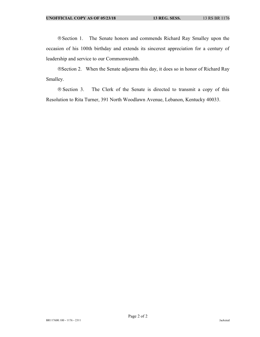 A RESOLUTION Adjourning the Senate in Honor of Richard Ray Smalley Upon the Occasion Of