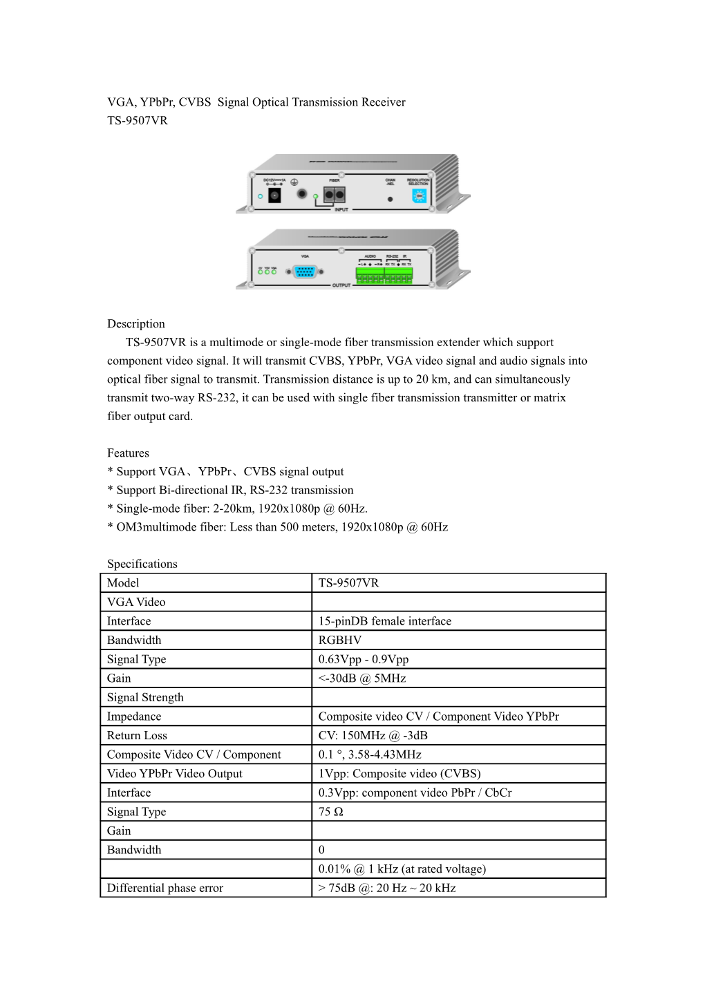 VGA, Ypbpr, CVBS Signal Optical Transmission Receiver