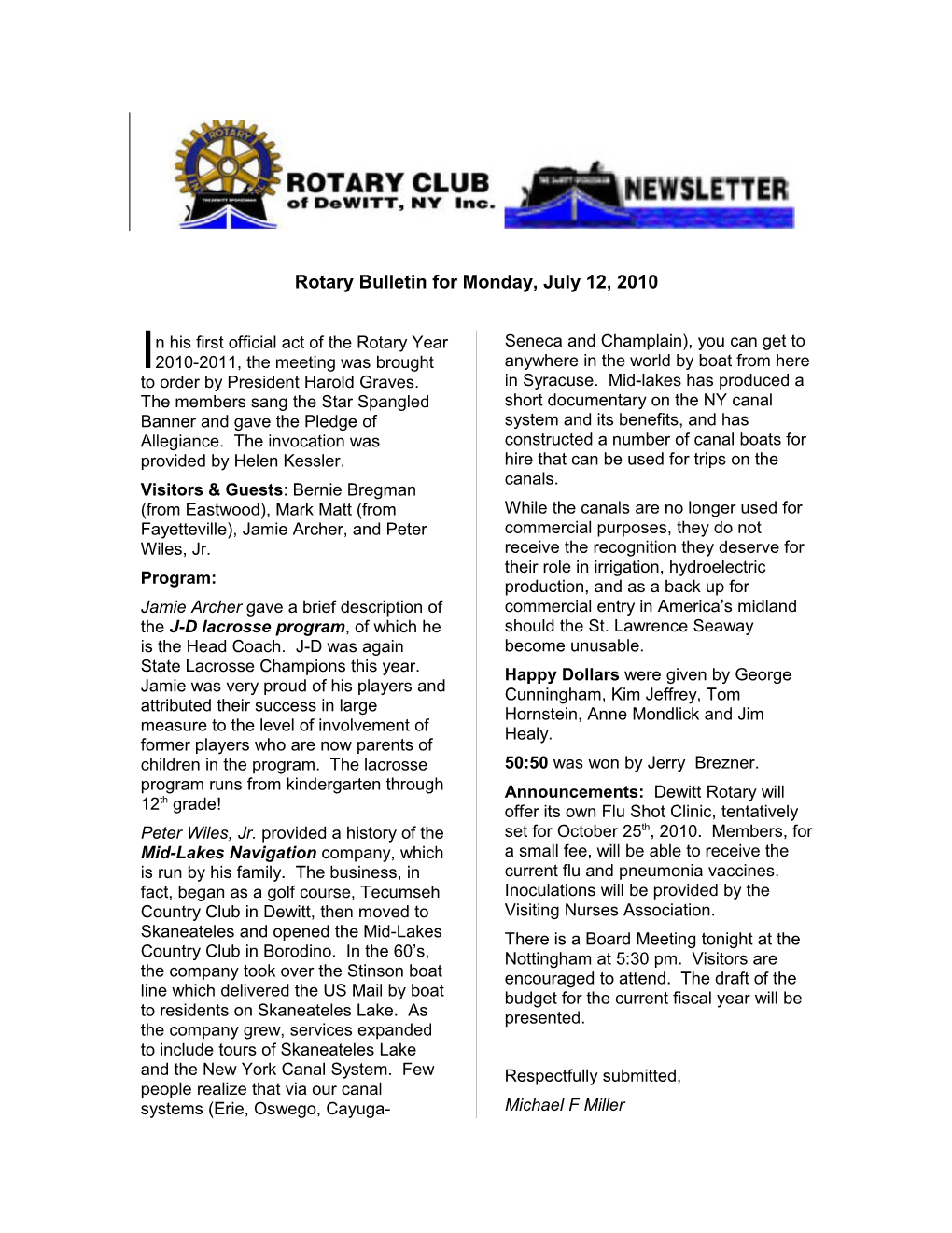 Rotary Bulletin for Monday, July 12, 2010