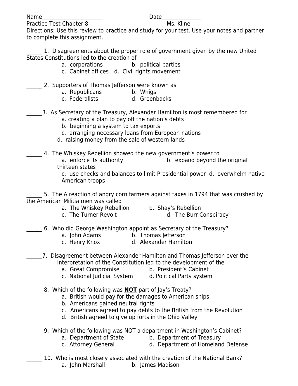 Practice Test Chapter 8 Ms. Kline