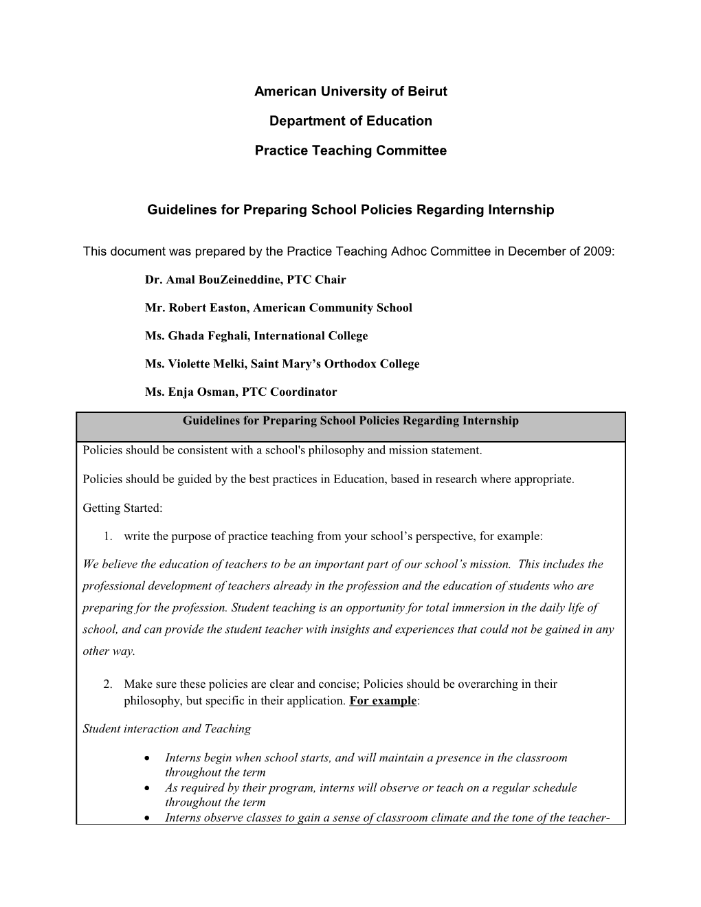 PTC Guidelines for Preparing School Policies Regarding Interns