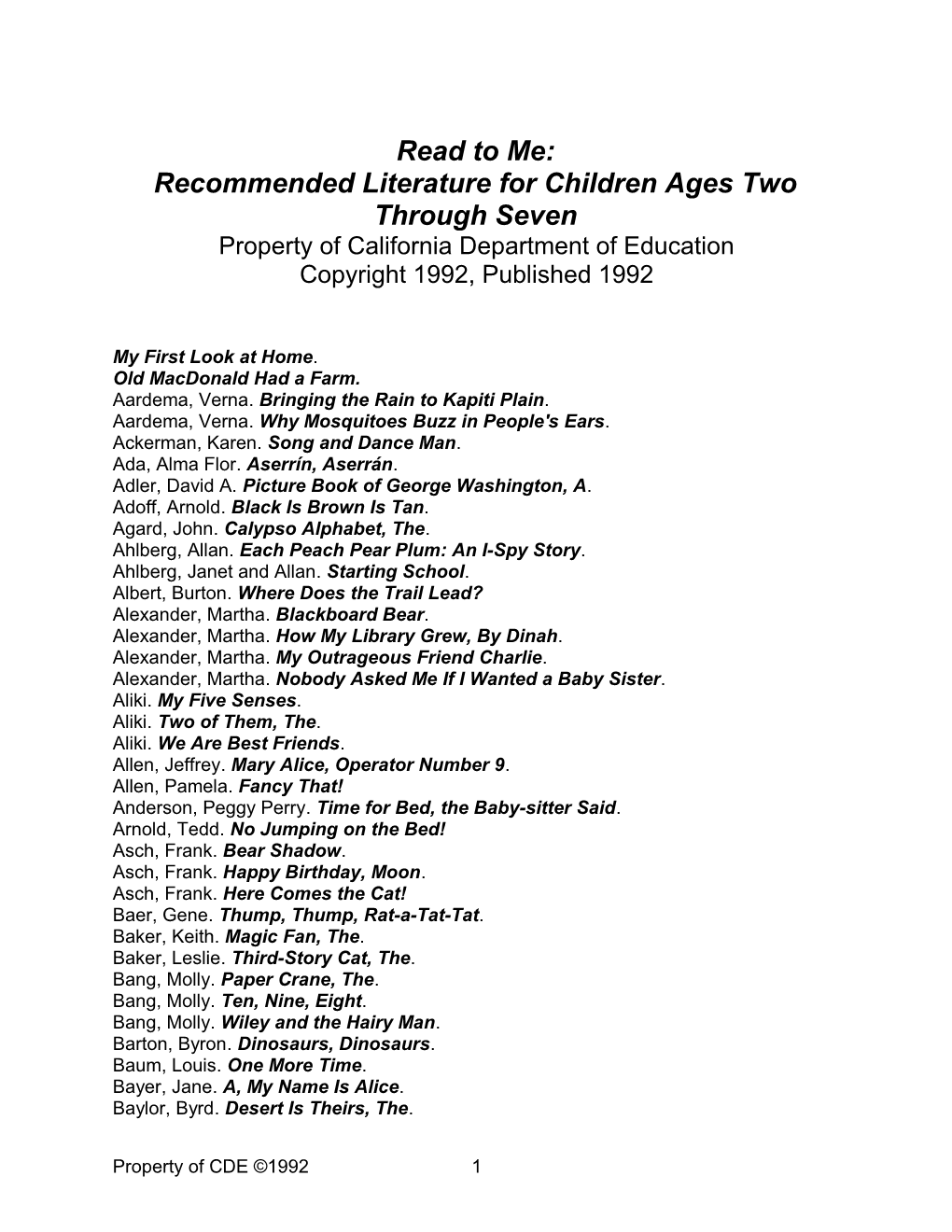 List7: Read to Me - Recommended Literature (CA Dept of Education)