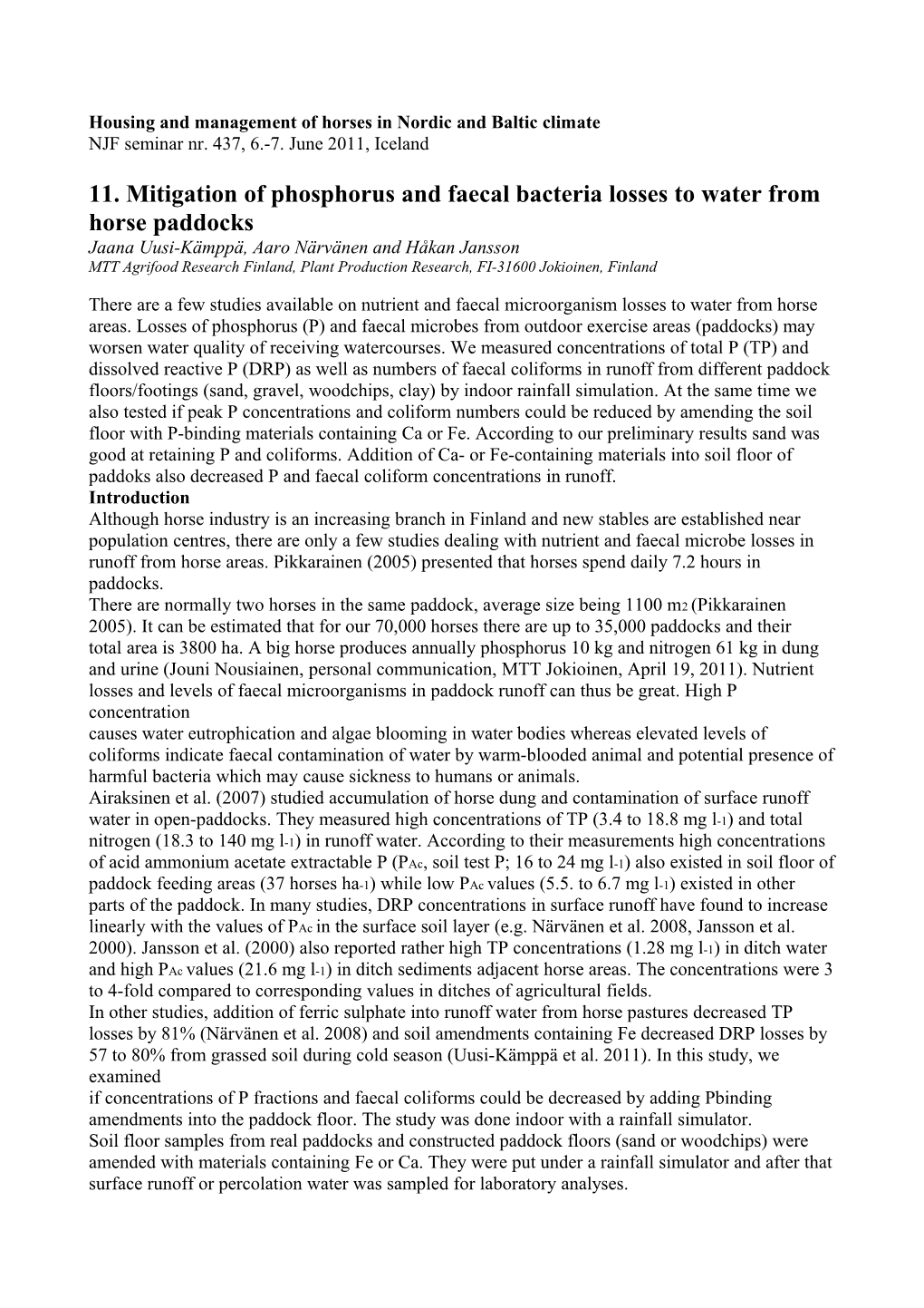 Housing And Management Of Horses In Nordic And Baltic Climate