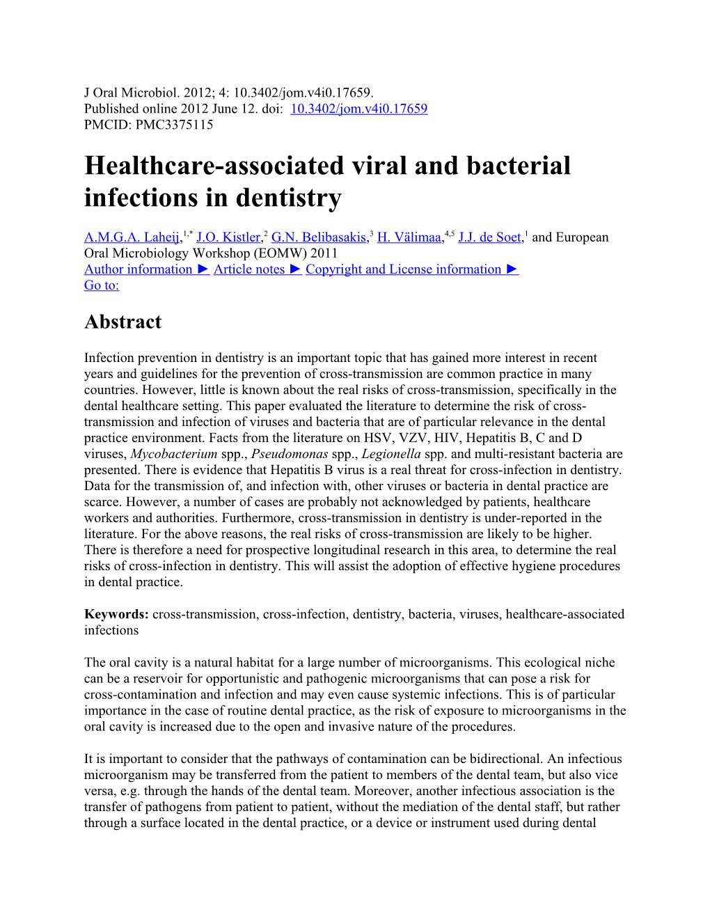 Healthcare-Associated Viral and Bacterial Infections in Dentistry