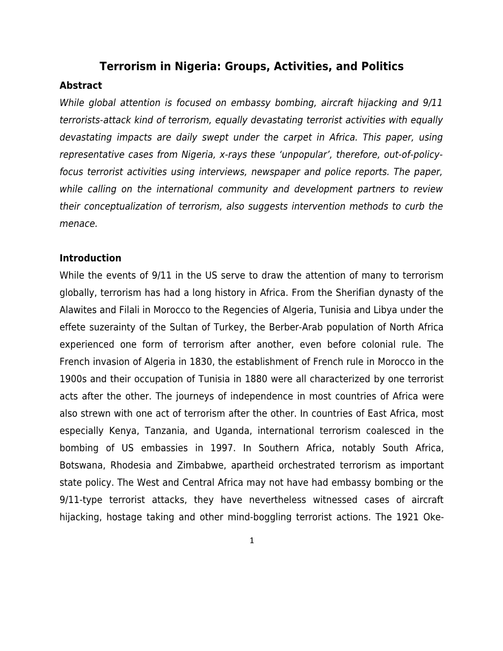 Terrorism in Nigeria: Groups, Activities, and Politics