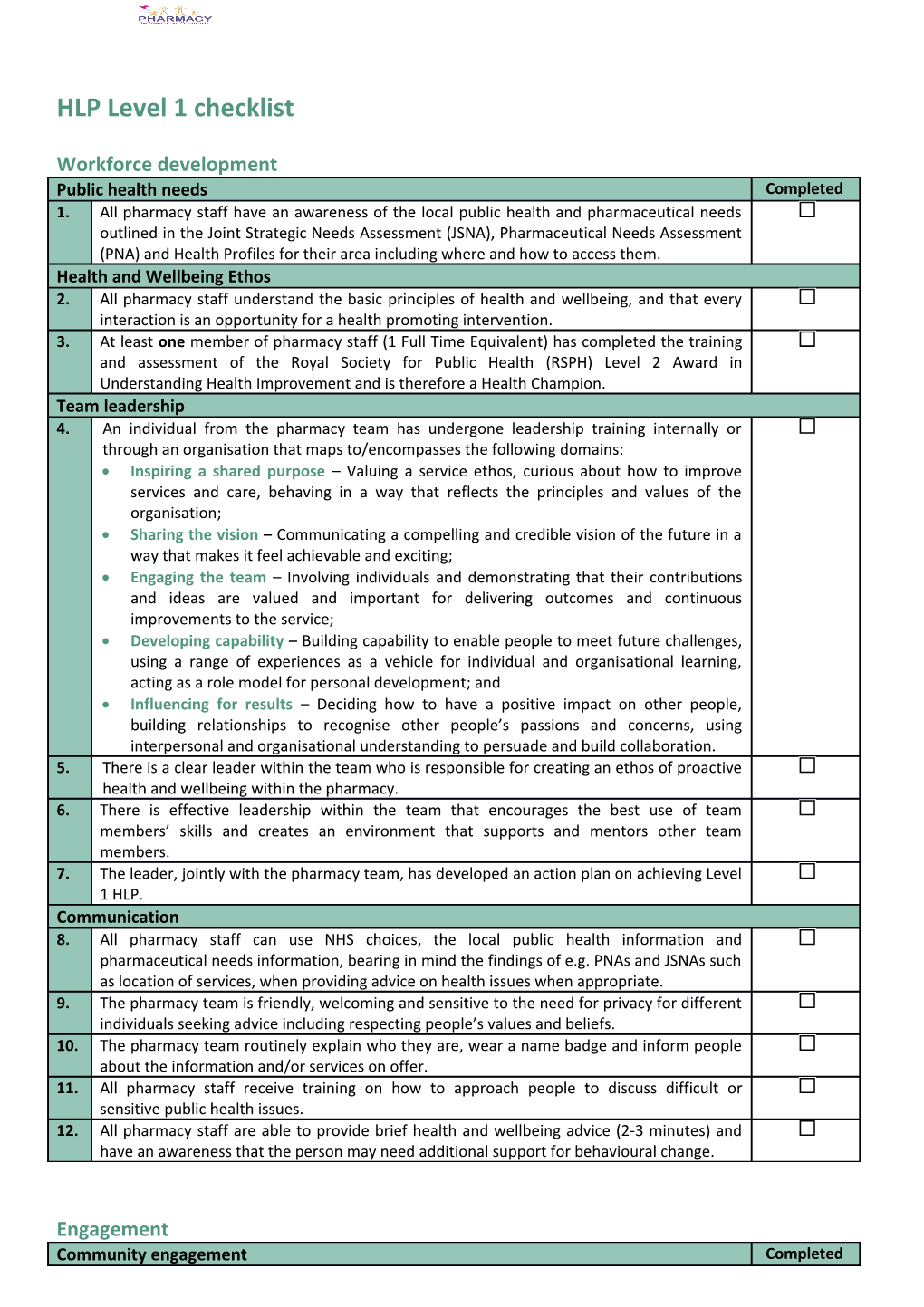 HLP Level 1 Checklist