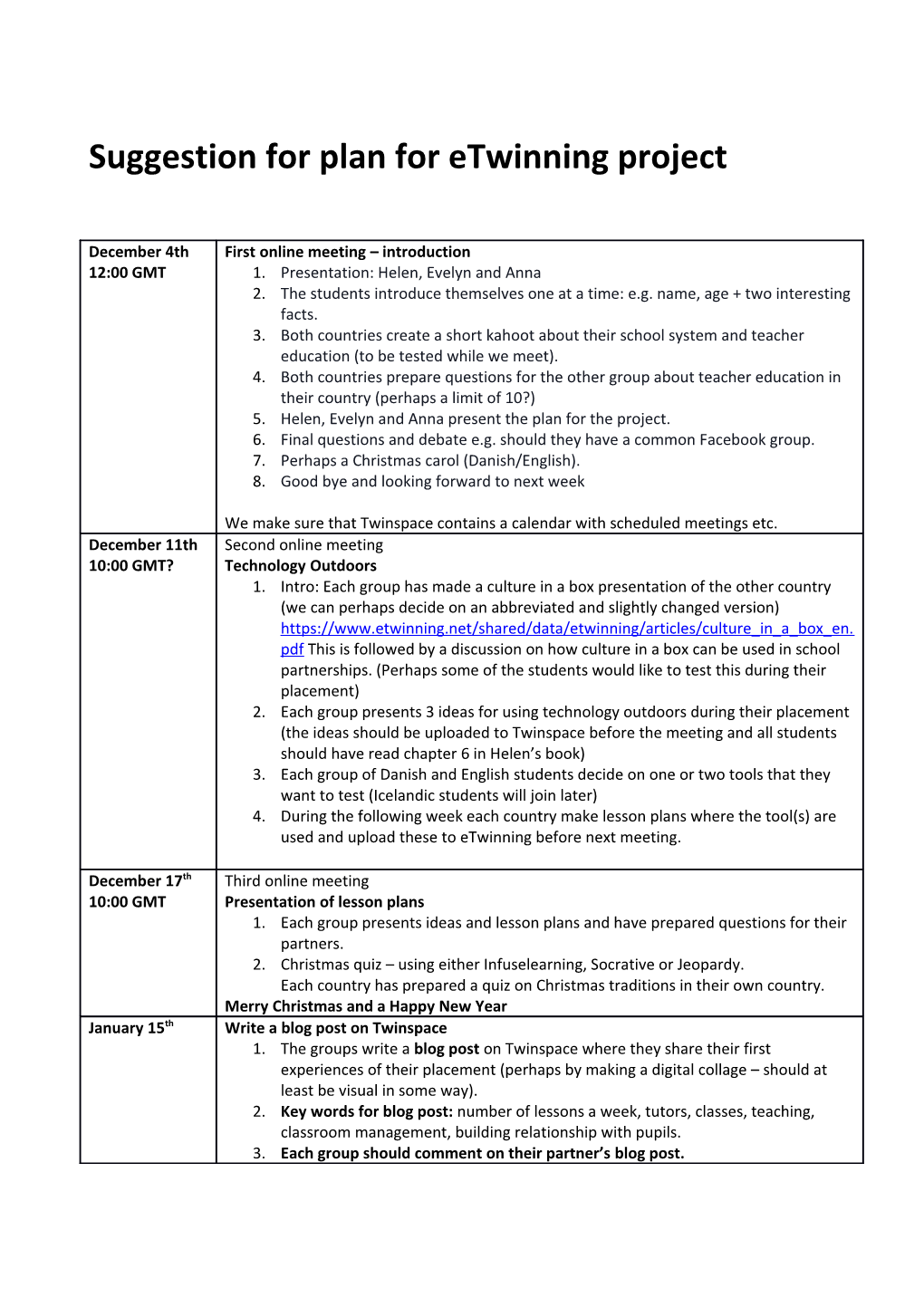 Suggestion for Plan for Etwinning Project