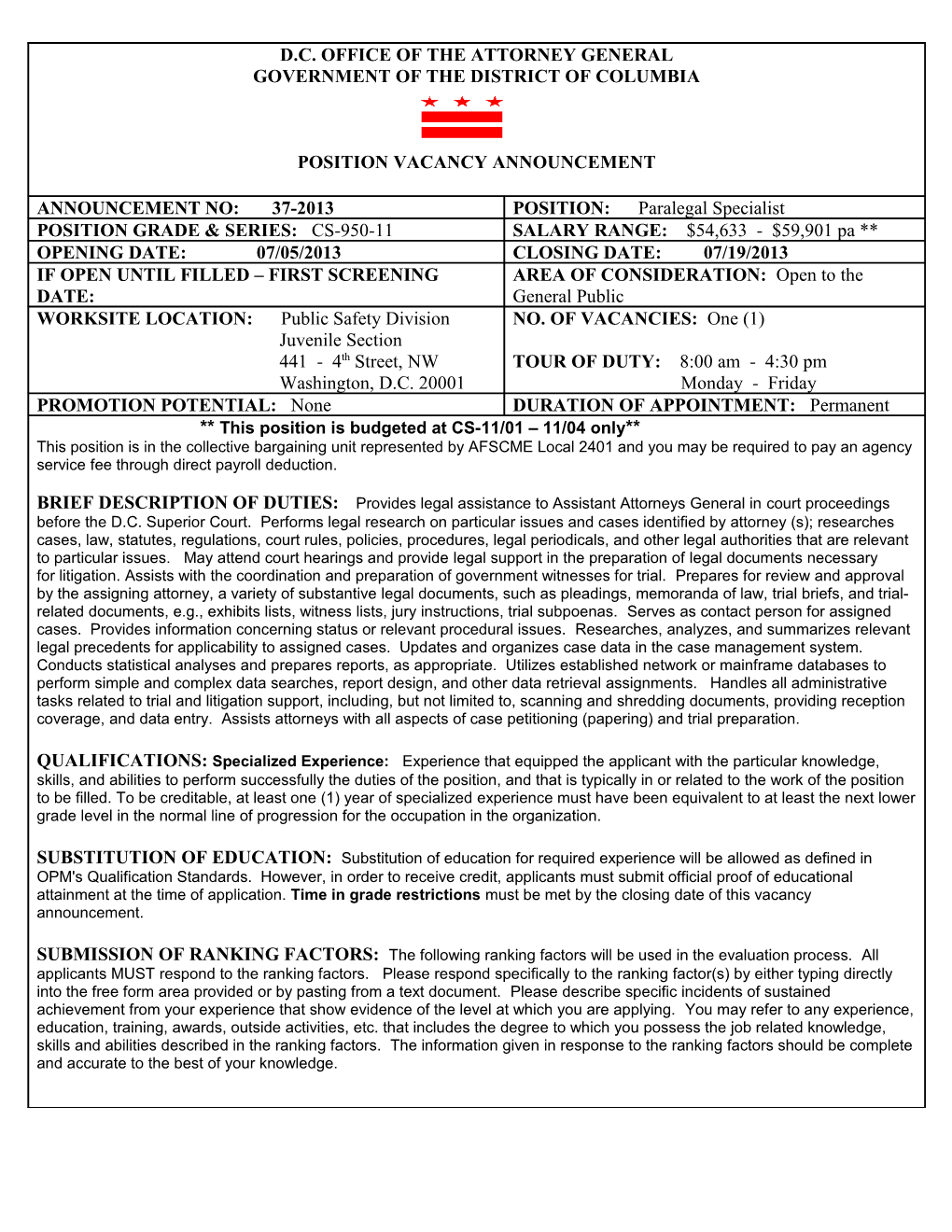 D.C. Office of the Attorney General Government of the District of Columbia Position Vacancy