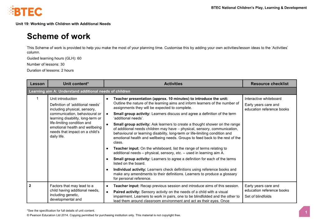 Unit 19: Working with Children Who Have Additional Needs - Scheme of Work (Version 1 Sept 14)