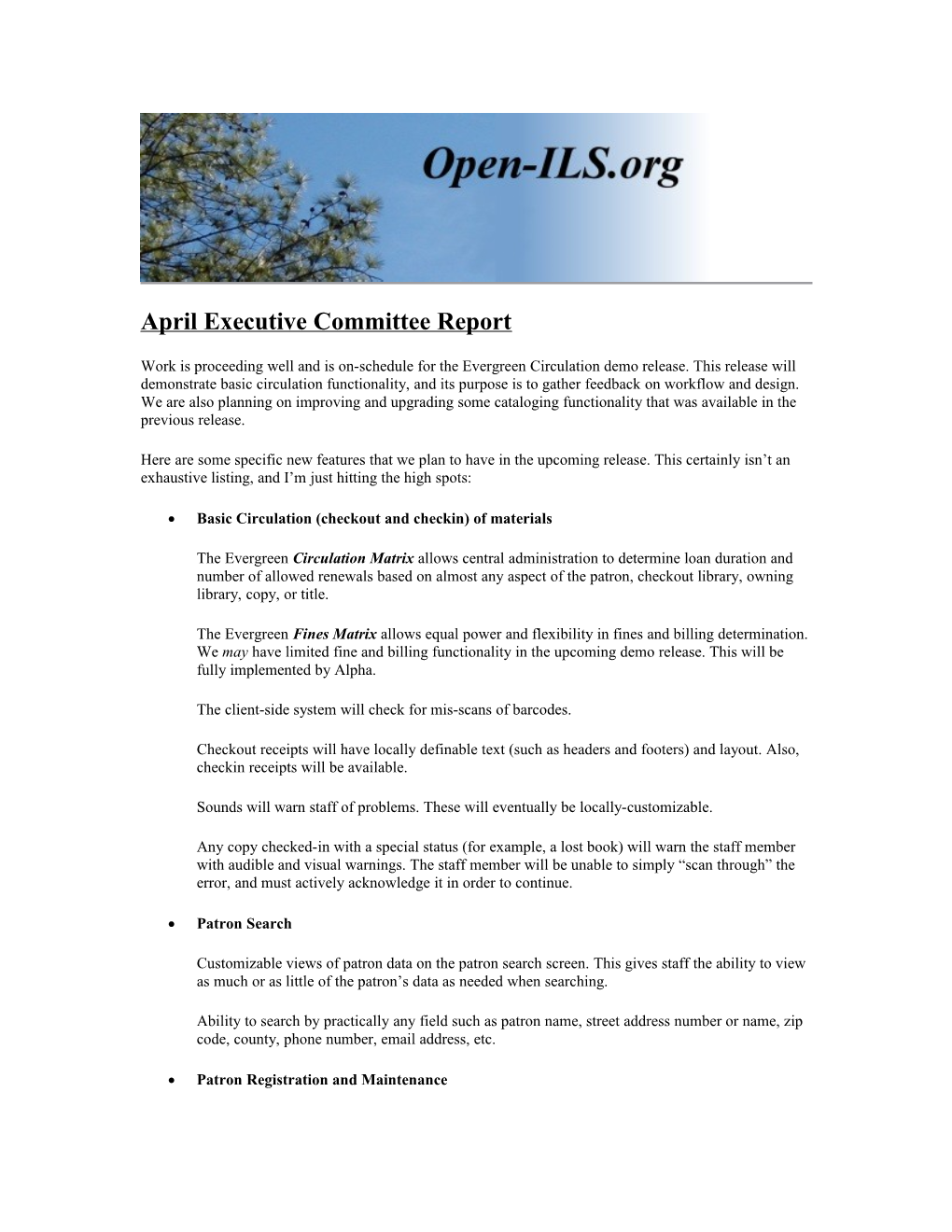 April Executive Committee Report