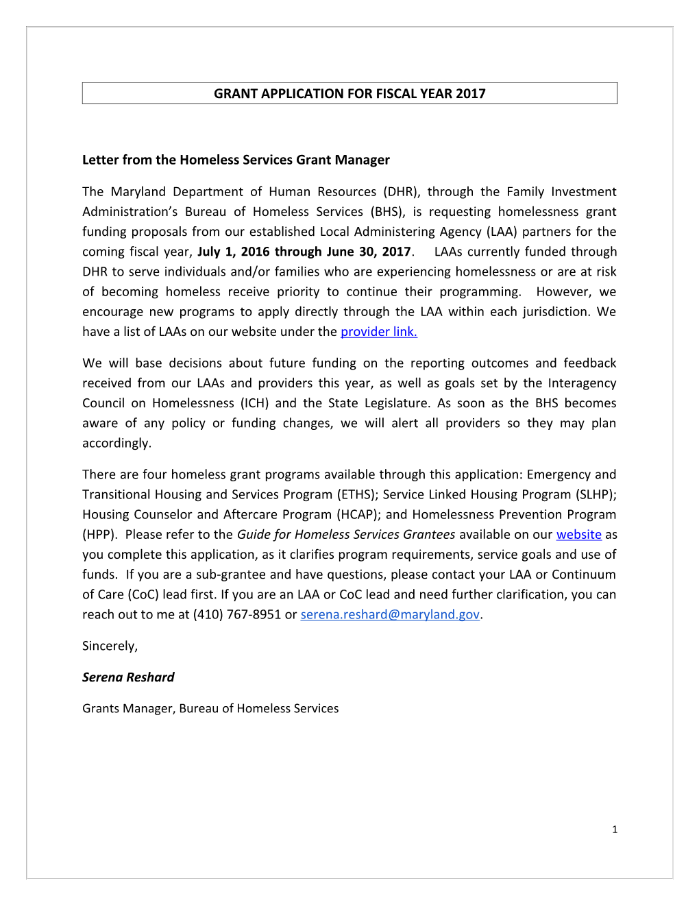 Letter from the Homeless Services Grant Manager
