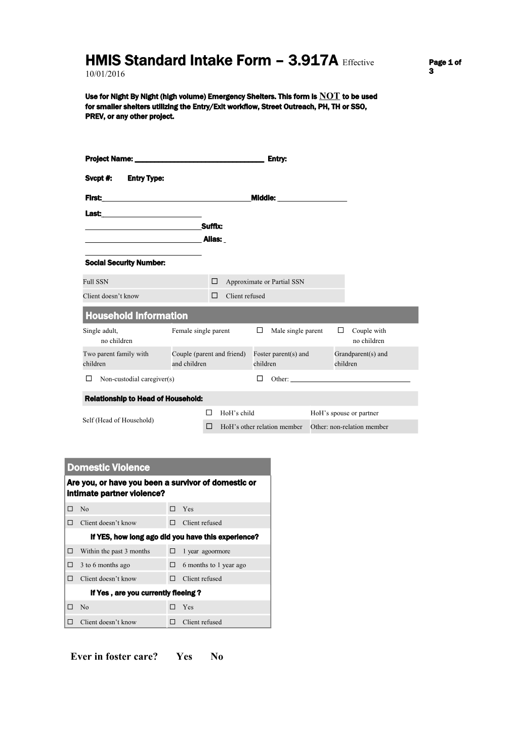 HMIS Standard Intake Form 3.917A Effective 10/01/2016