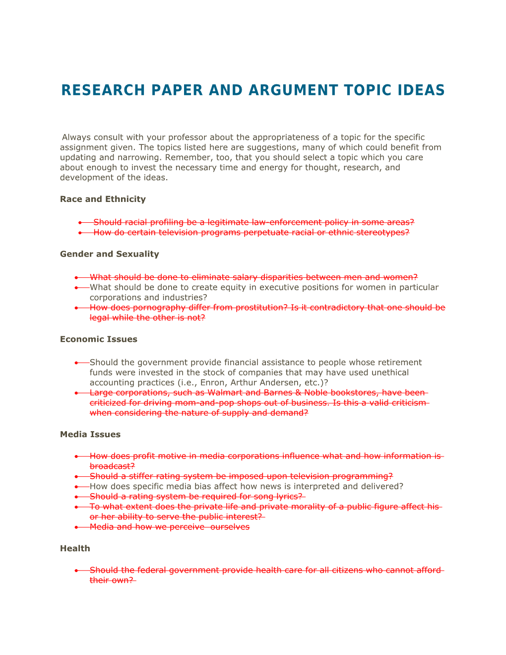 Research Paper and Argument Topic Ideas