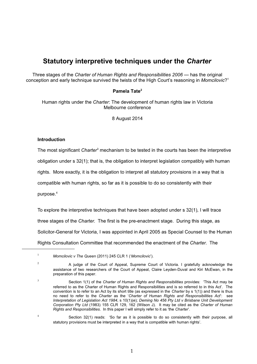 Statutory Interpretive Techniques Under The Charter