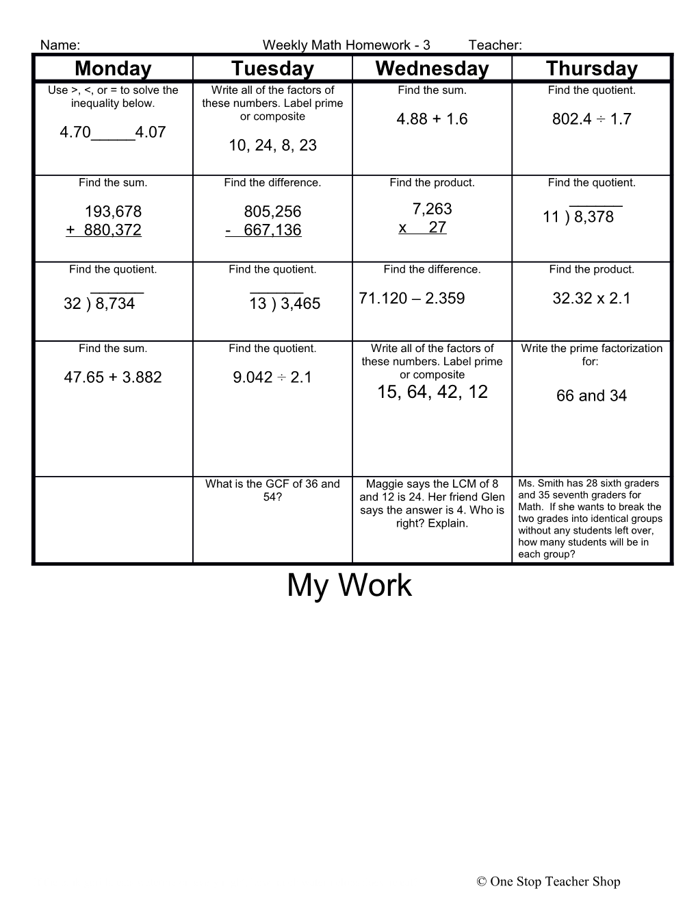 Weekly Homework Sheet s5