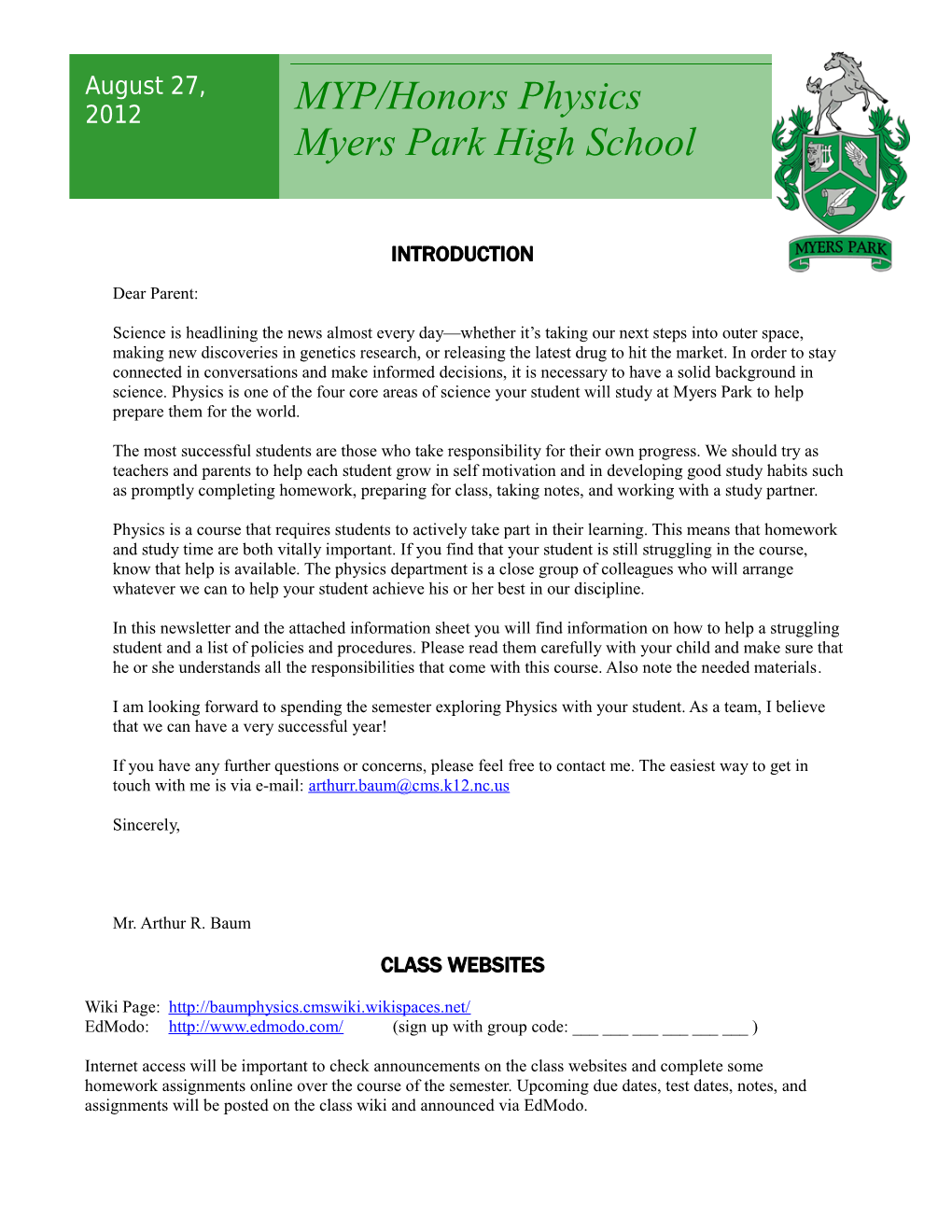 MYP / Honors Physics Parent Letter