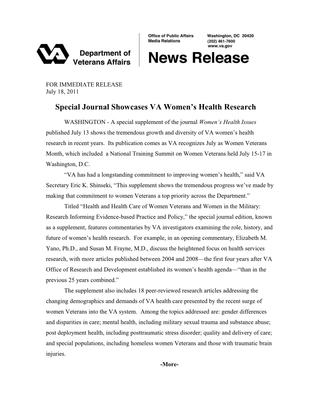 Special Journal Showcases VA Women S Health Research
