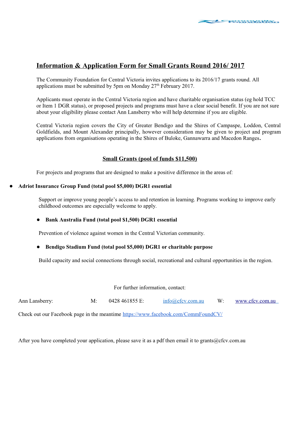 Information & Application Form for Small Grants Round 2016/ 2017