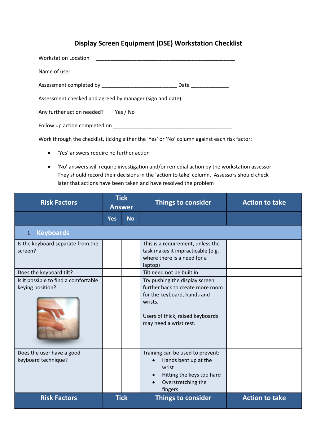 Display Screen Equipment (DSE) Workstation Checklist