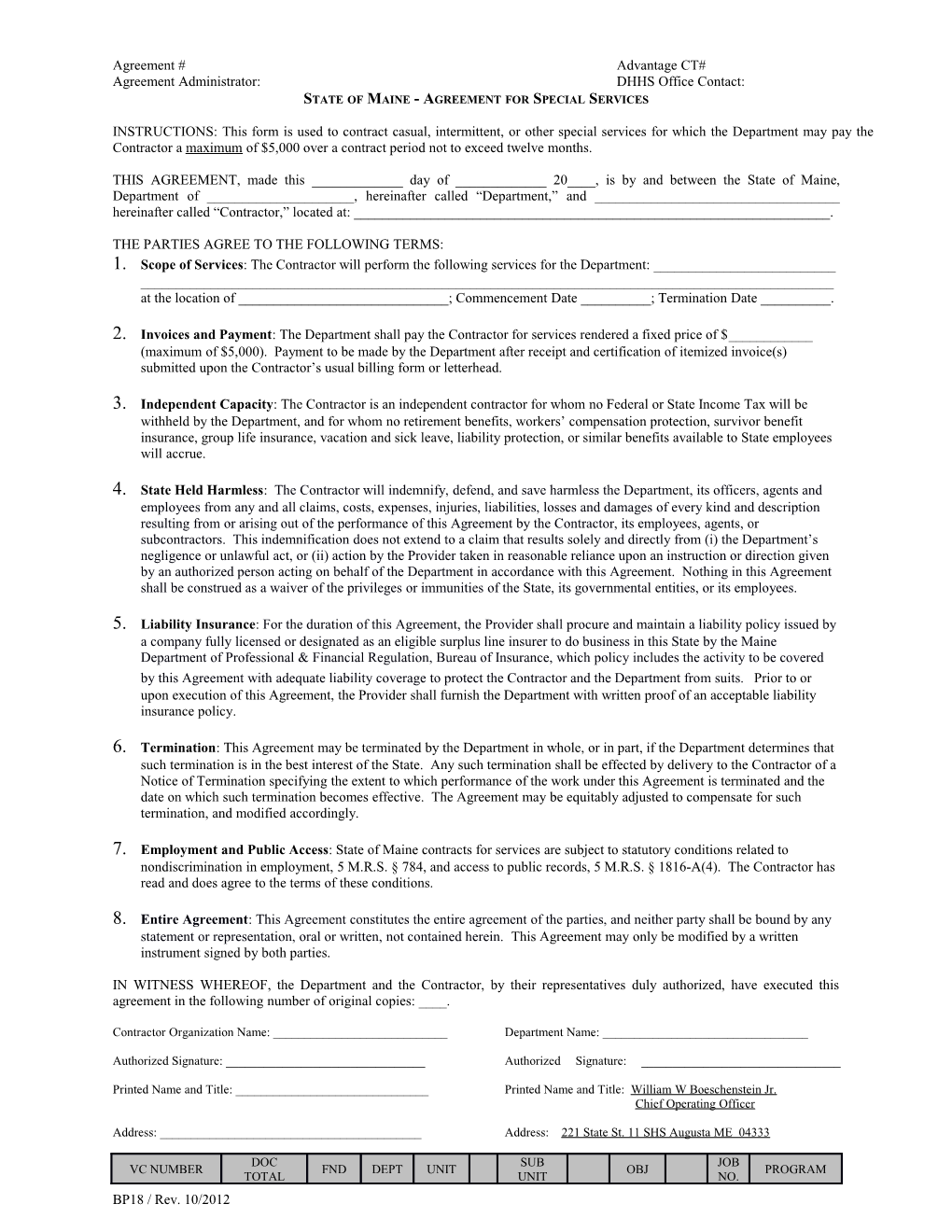 This Form Is Used for Contracting Casual, Intermittent Or Other Special Services for Which
