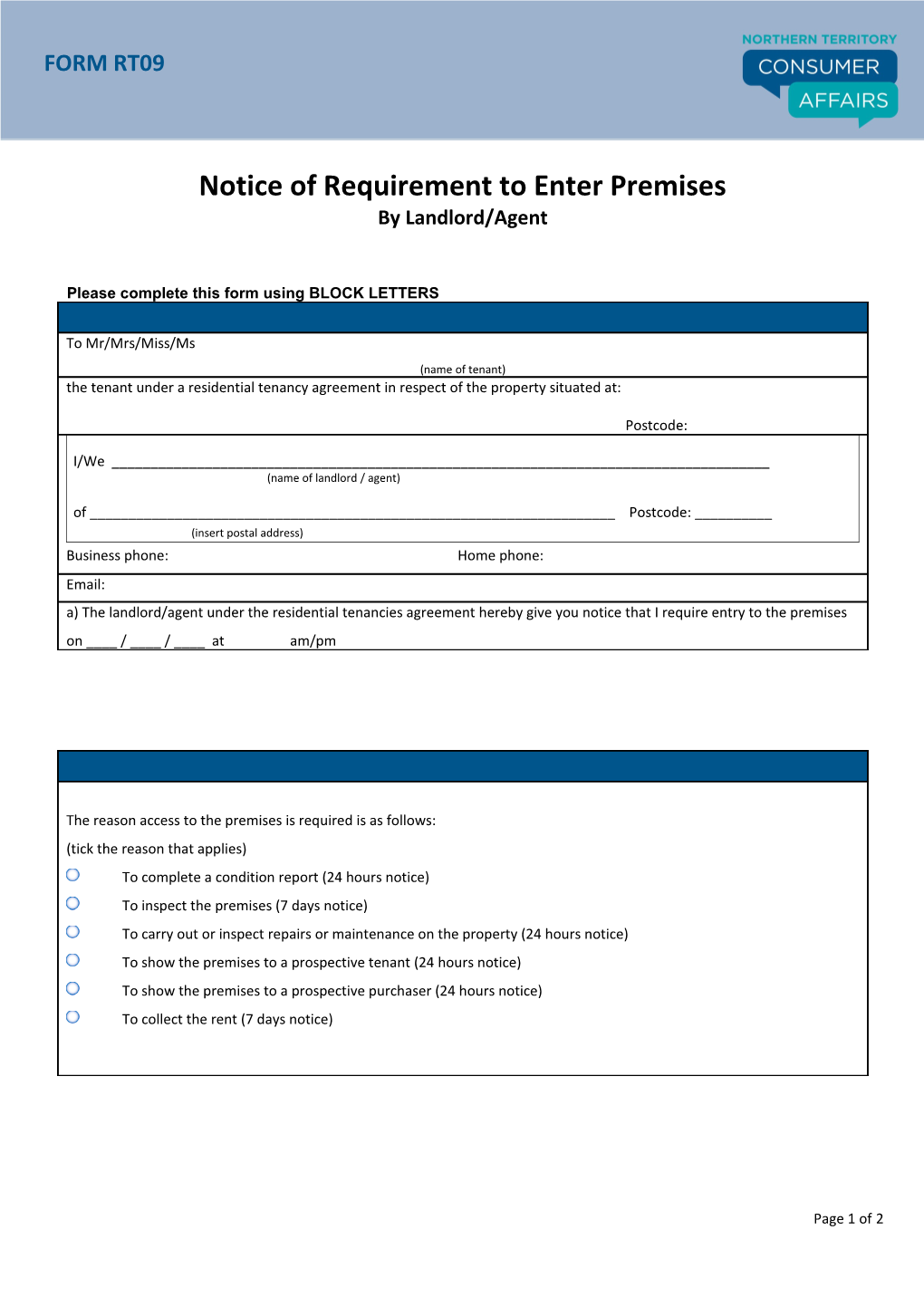 Form RT09 - Notice of Entry by Landlord