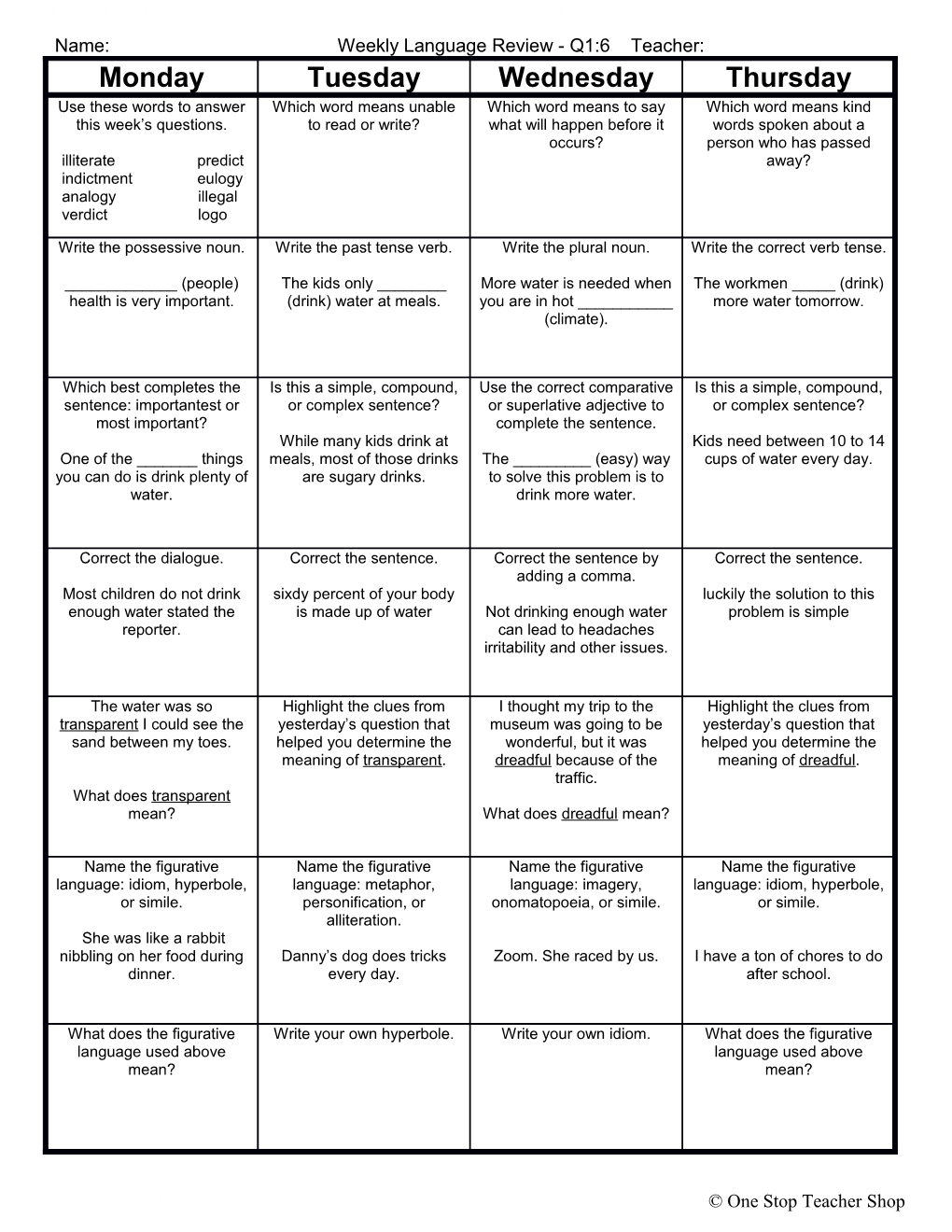 Name: Weekly Language Review - Q1:6 Teacher