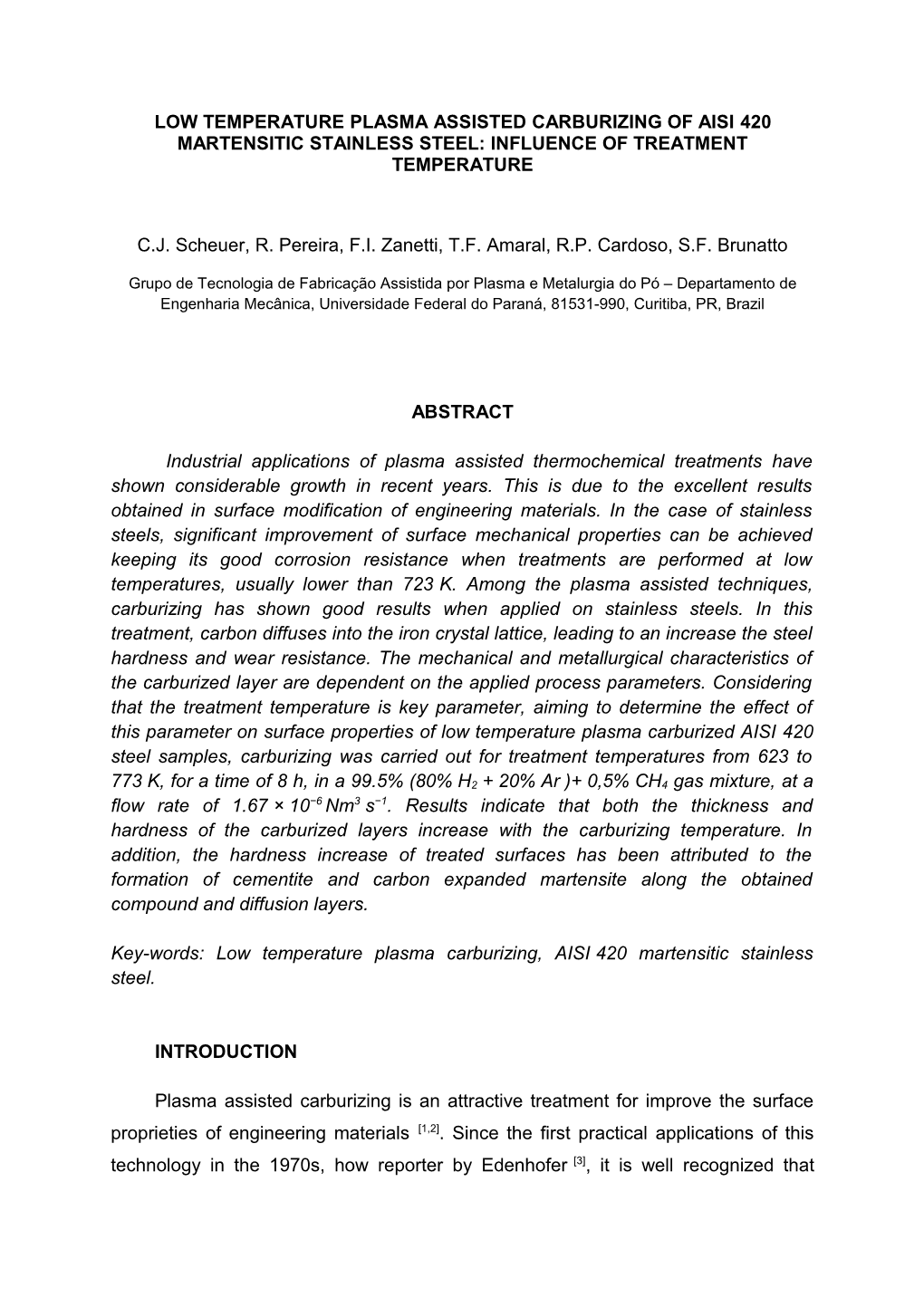 Low Temperature Plasma Assisted Carburizing of Aisi420 Martensitic Stainless Steel: Influence