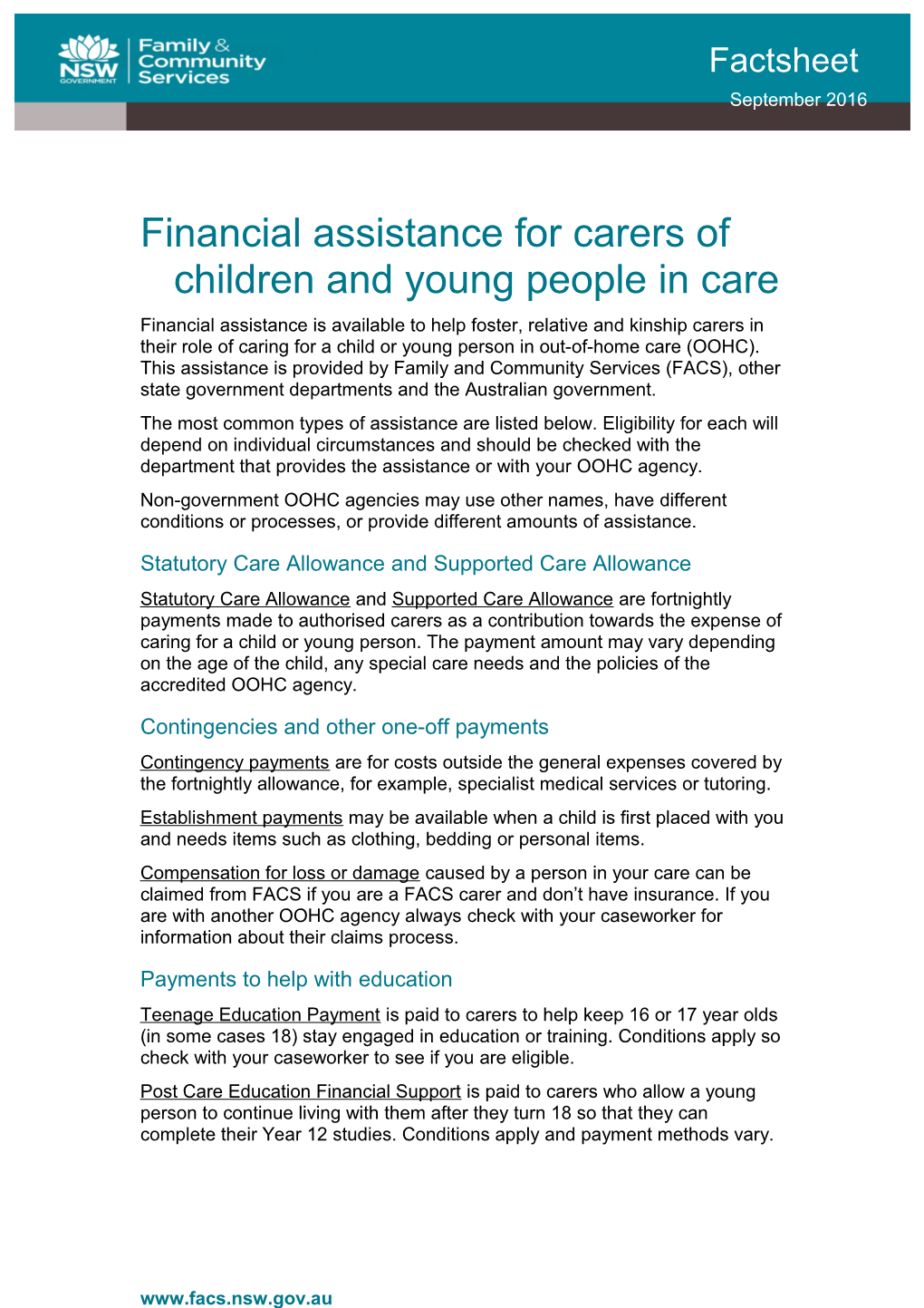 Financial Assistance for Carers of Children and Young People in Care