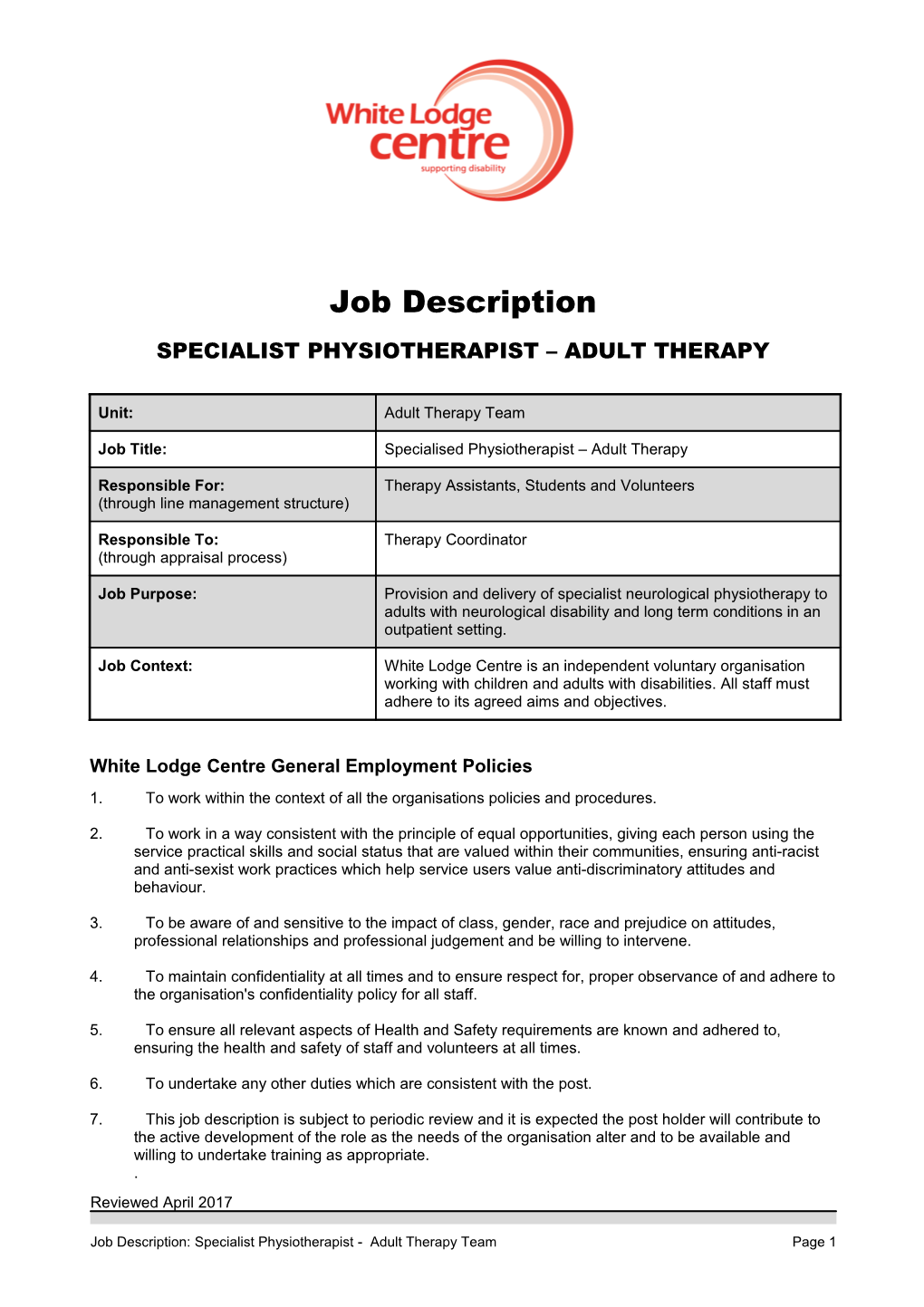 Specialist Physiotherapist Adult Therapy