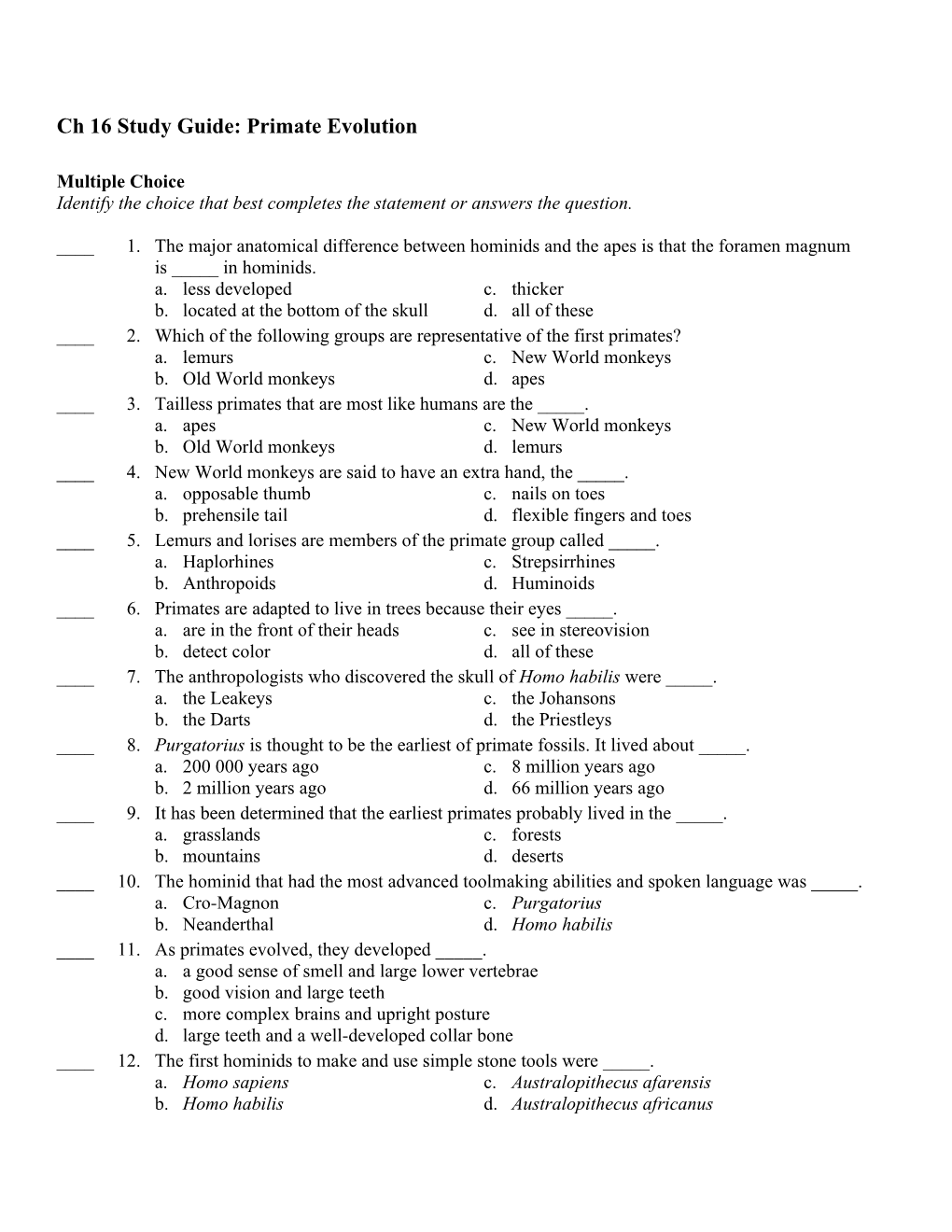 Ch 16 Study Guide: Primate Evolution