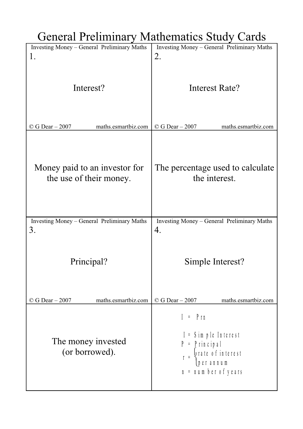 Preliminary Mathematics Study Cards