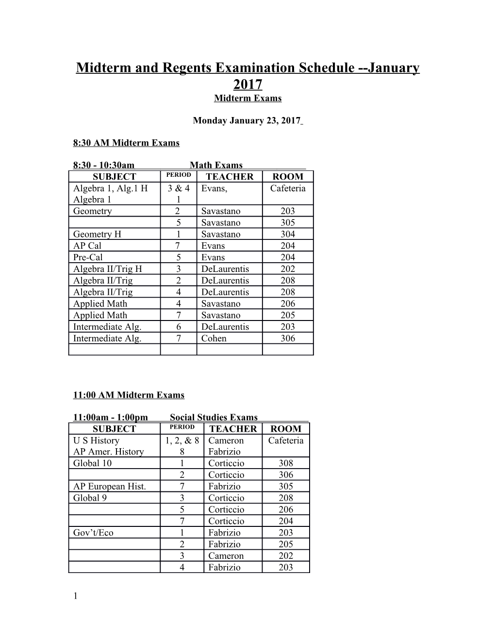 Mid-Term and Regents Examination Schedule